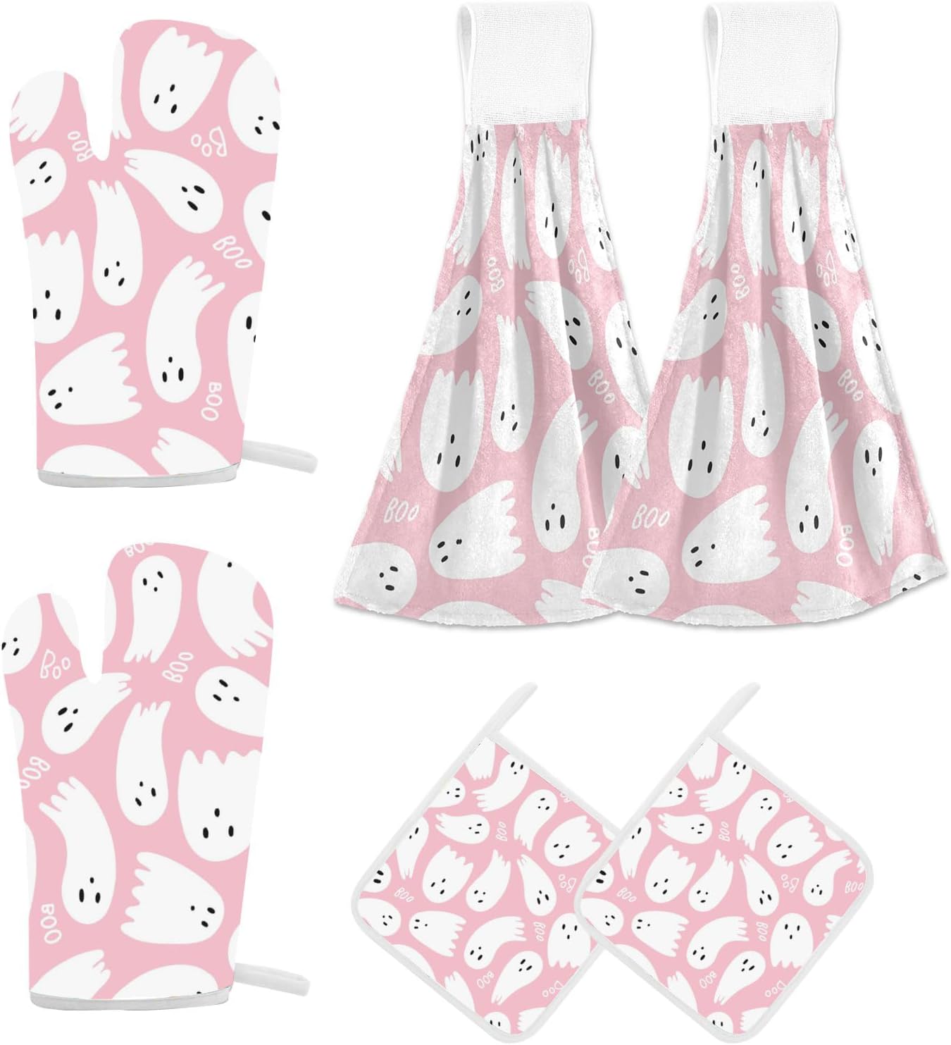 Juego de toallas de mano y guantes para horno, toallas colgantes y agarraderas, paquete de 6 unidades, toalla absorbente de Halloween con lazo