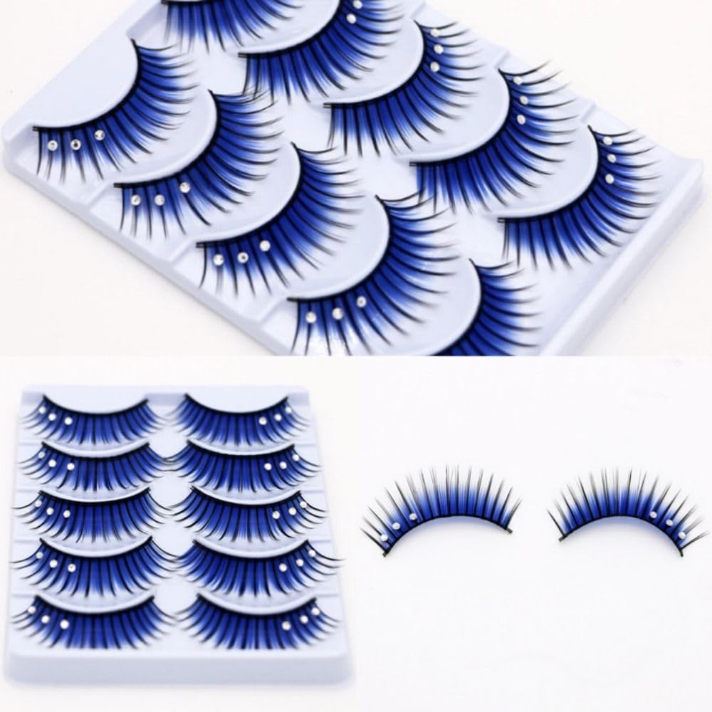 Okdeals 5 pares de pestañas con purpurina 3D de color azul esponjoso para cosplay con diamantes de imitación, pestañas de manga dramáticas azules de