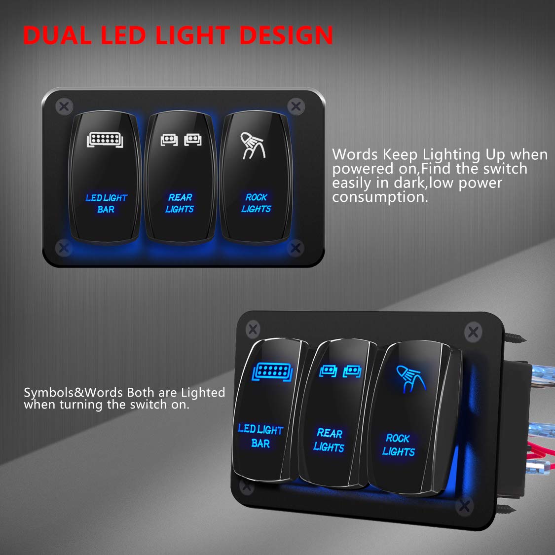 DaierTek Paquete de 3 paneles de interruptor de interruptor basculante marino + panel de interruptor de barra de luz LED
