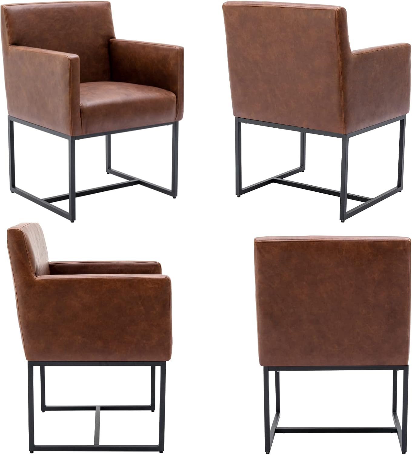 HNY Juego de 2 sillas de comedor tapizadas modernas de mediados de siglo con brazos, sillas decorativas de piel sintética con marco de metal acabado