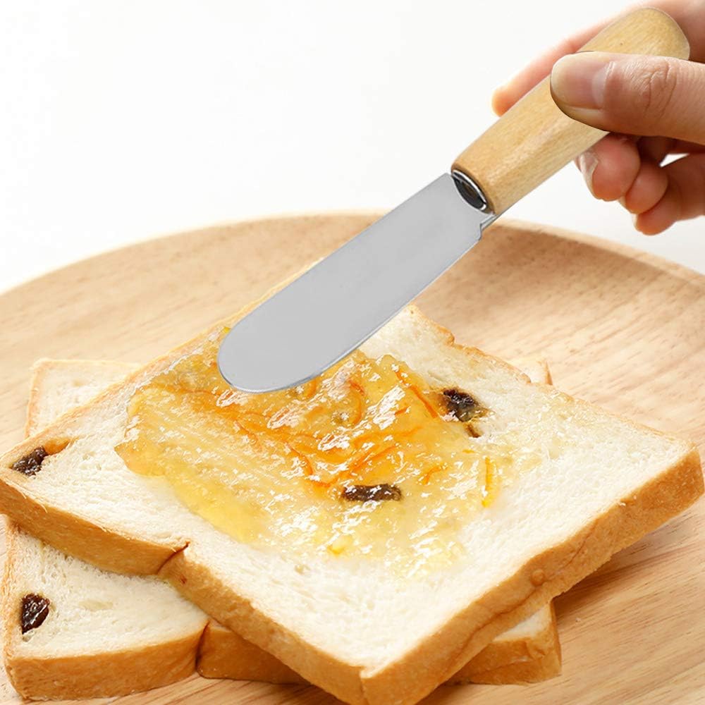 DaKuan Esparcidor de mantequilla con mango de madera, 4 pulgadas, cuchillos para condimentos de queso crema, juego de 6