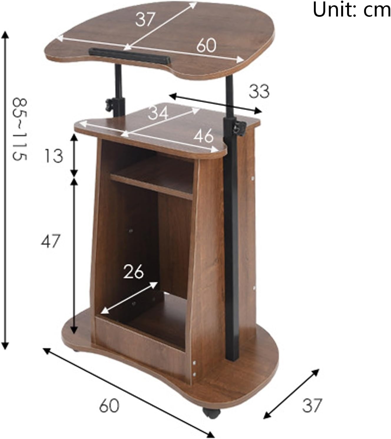 Podio para portátil móvil, soporte de podio ajustable en altura con estante de almacenamiento, escritorio sentado a pie, atril rodante, soporte para