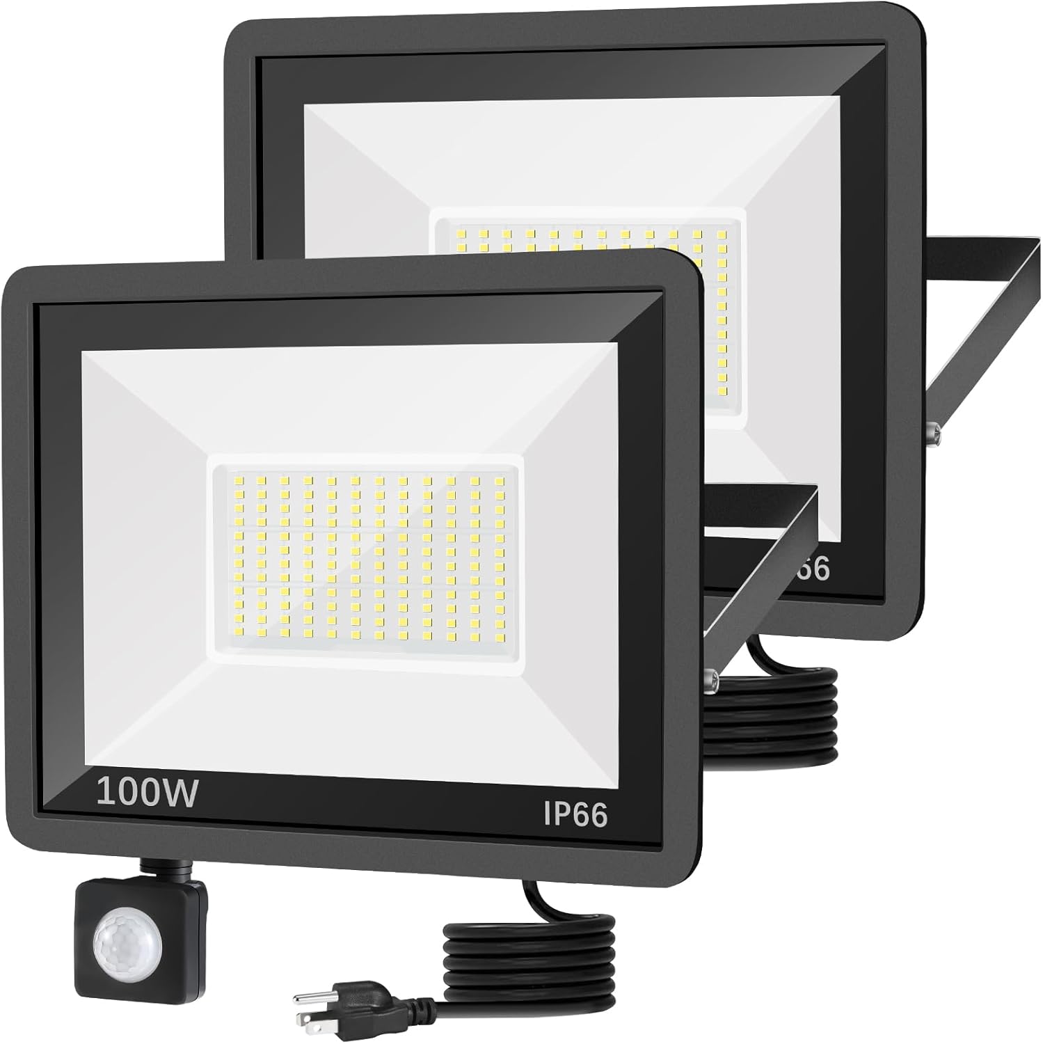 Paquete de 2 luces LED de 100 W con sensor de movimiento, luz de trabajo LED con enchufe, reflectores impermeables IP66 para exteriores, 5000 K, luz
