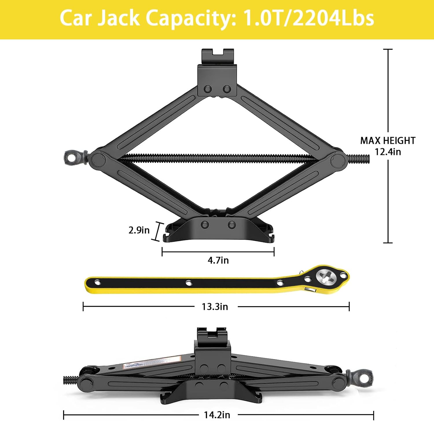Gato de coche  Max 1 tonelada (2,204 lbs), kit de gato de tijera para coche, elevador de tijerasuelo con mango de trinquete de ahorro de esfuerzo,