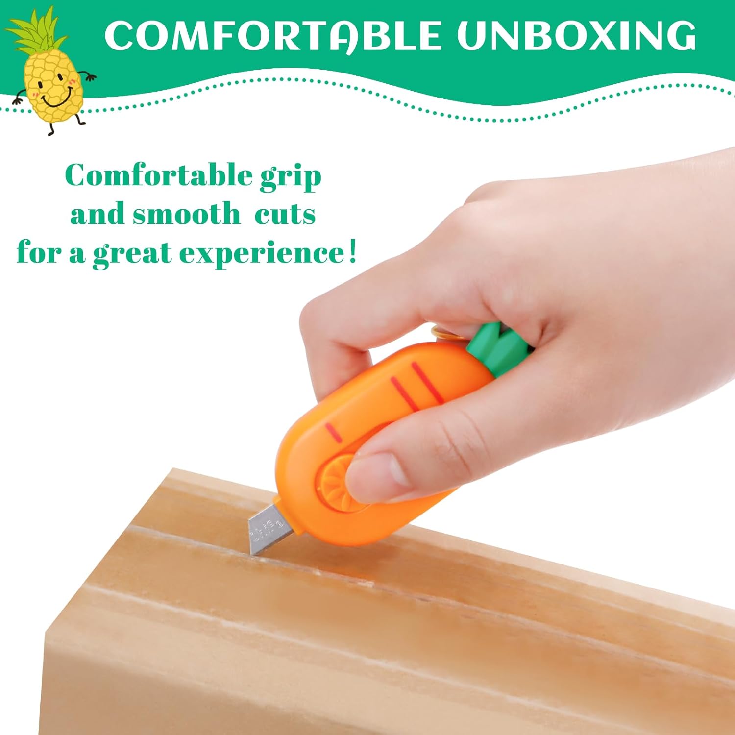Lindo mini cortador de caja retráctil, pequeño abrecartas en forma de piña que se abren para abrir, cuchillos de seguridad portátiles Kawaii para