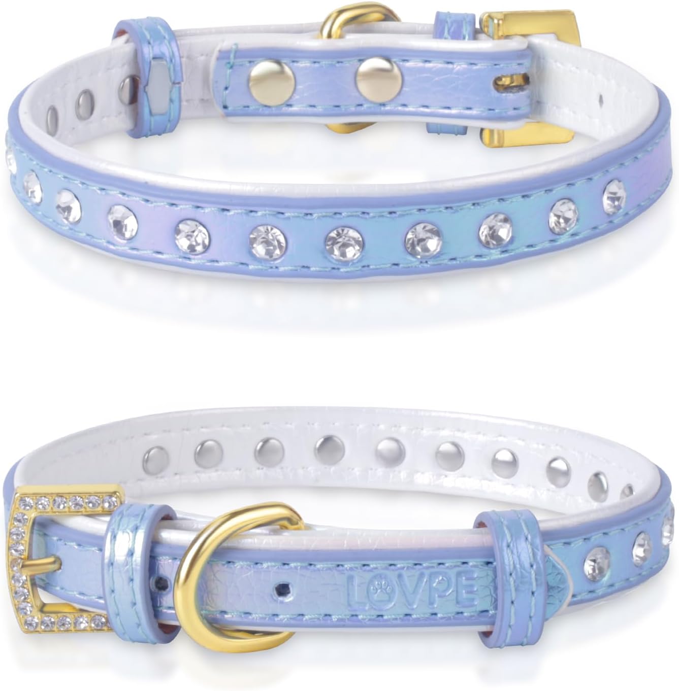 LOVPE Collar para perro de cuero brillante con diamantes de imitación tachonados, accesorio glamoroso de hebilla dorada para perros pequeños a