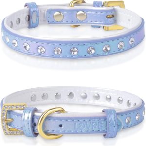LOVPE Collar para perro de cuero brillante con diamantes de imitación tachonados, accesorio glamoroso de hebilla dorada para perros pequeños a LOVPE Collar para perro de cuero brillante con diamantes de imitación tachonados, accesorio glamoroso de hebilla dorada para perros pequeños a
