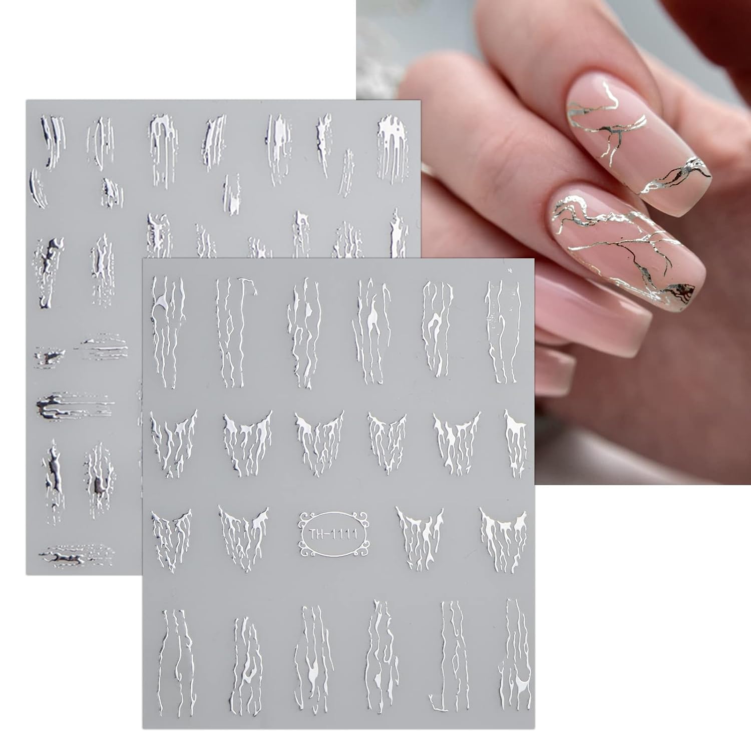 JMEOWIO 9 hojas de calcomanías de arte de uñas de línea de mármol, calcomanías autoadhesivas para uñas, suministros de uñas plateadas, accesorios de