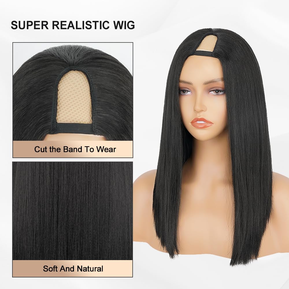 Yaki – Peluca lacia en U con parte en U, cabello sintético suave como cabello humano real, sin pegamento, peluca italiana Yaki en V para mujeres