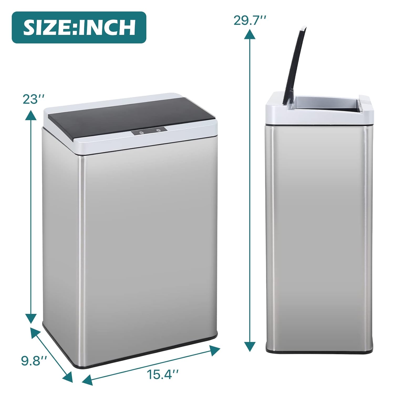 Dkeli Basurero automático sin contacto de 13 galones con sensor de movimiento de alta capacidad con tapa para el hogar, cocina y oficina, acero