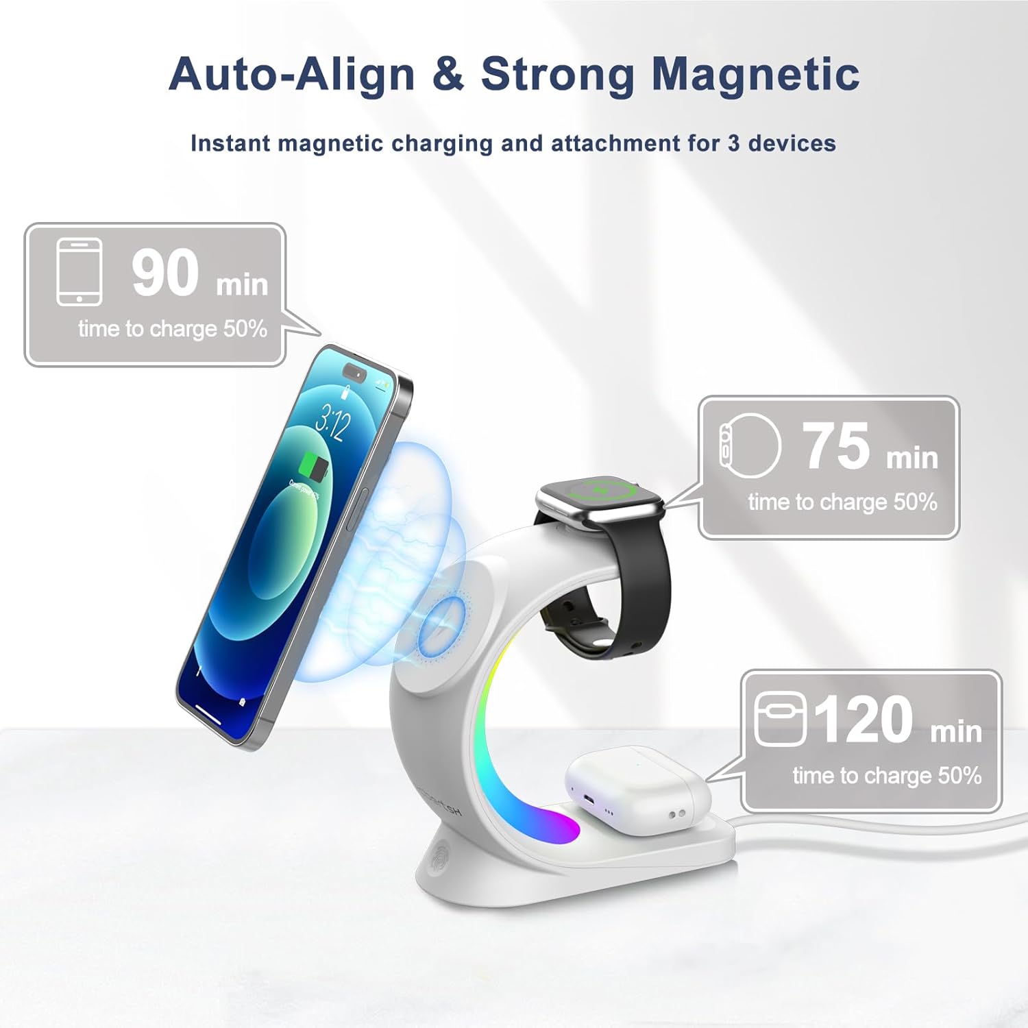 Cargador inalámbrico 3 en 1, con 6 modos de luz colorida para soporte de escritorio, estación de carga inalámbrica MagSafe rápida para iPhone 15 14