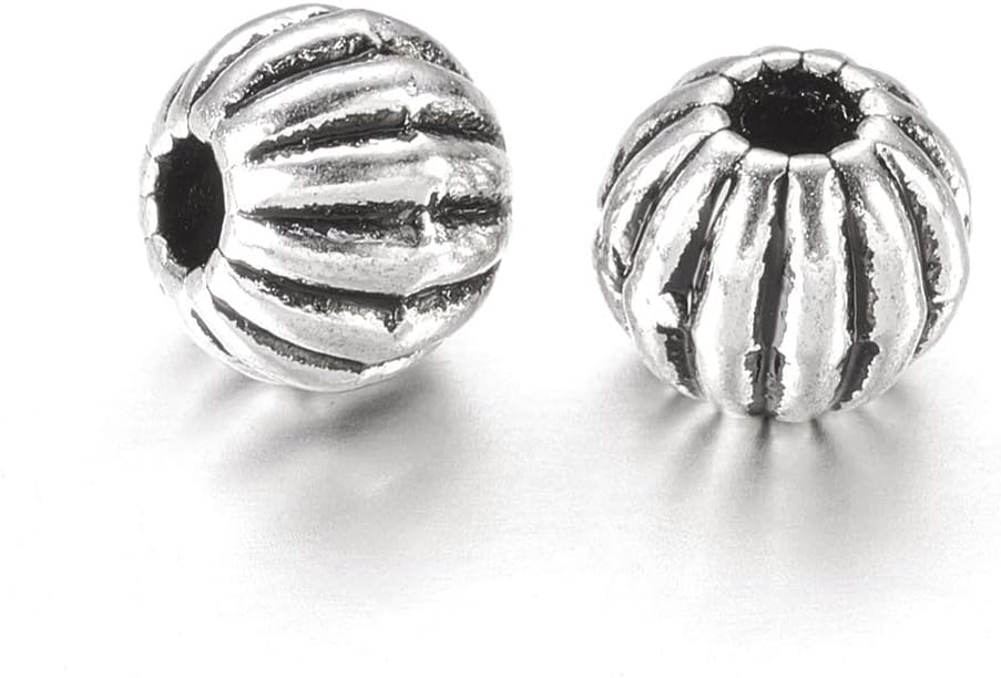 KISSITTY 200 cuentas espaciadoras redondas corrugadas de plata antigua de 0.236 pulgadas (0.236 in), pequeños espaciadores de metal tibetano para