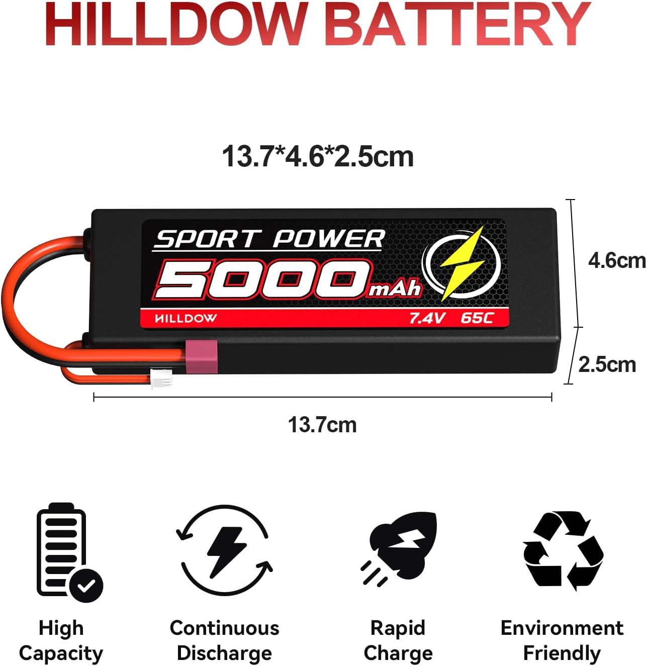 Hilldow Batería Lipo RC de 7.4V 2S 65C 5000mAh Lipos Hard Case Baterías recargables con conector Deans T para 18 110 RC Autos Camiones Control
