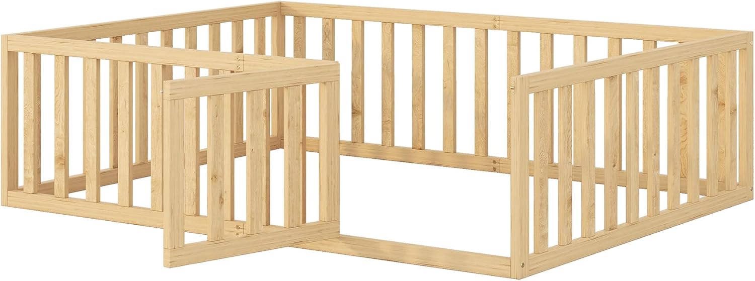 Merax Marco de cama de piso de madera de tamaño completo con valla y puerta (natural)