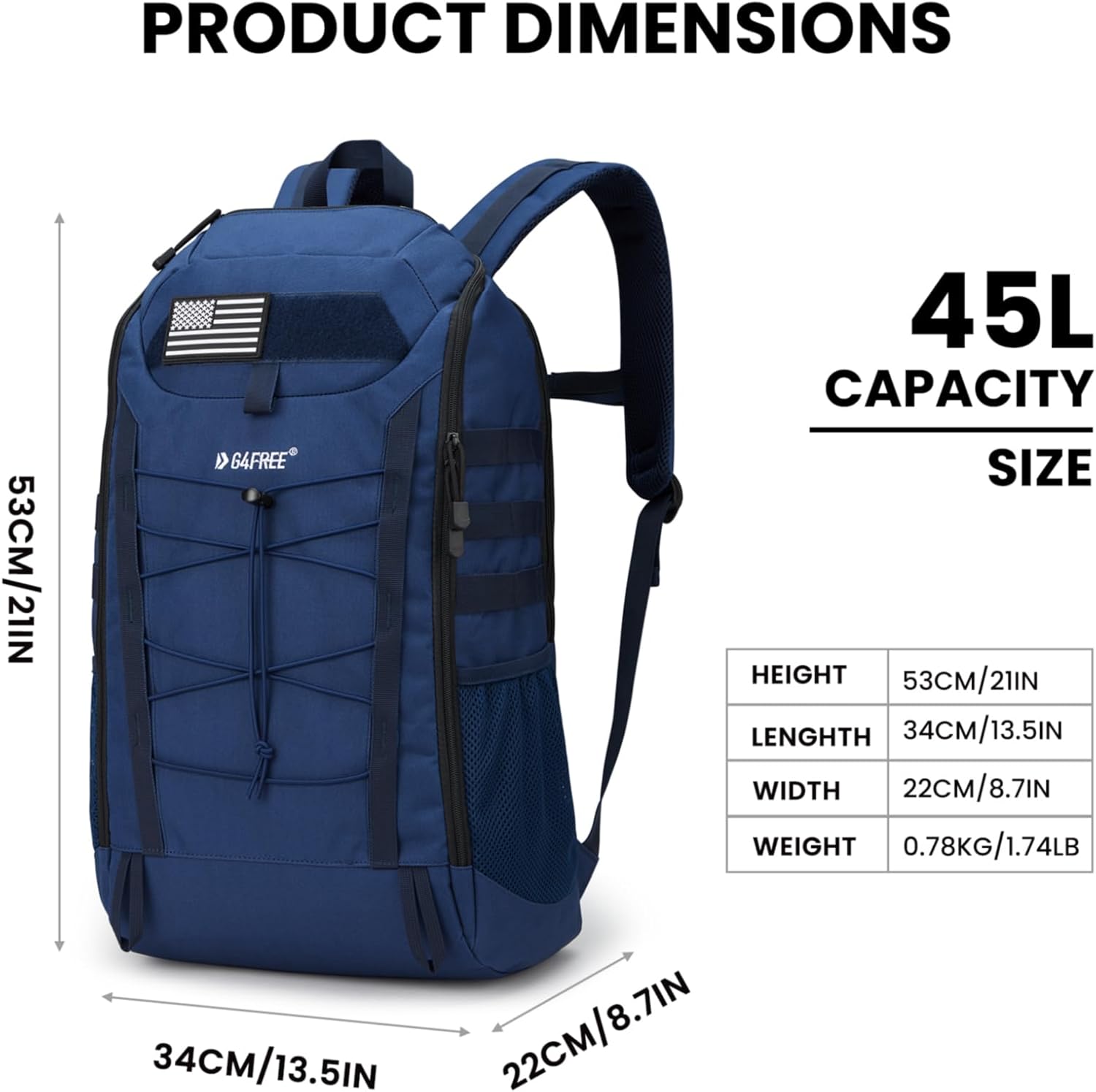 G4Free Mochila táctica militar 45L 3 días de supervivencia de asalto Molle Pack para senderismo, camping, viajes, Azul oscuro, Mochilas de mochila