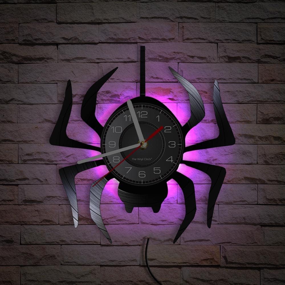 Timethink Reloj de pared LED de araña negra de 12 pulgadas con 7 colores cambiantes, tarántula silenciosa, cuarzo, sin tictac, reloj de pared,