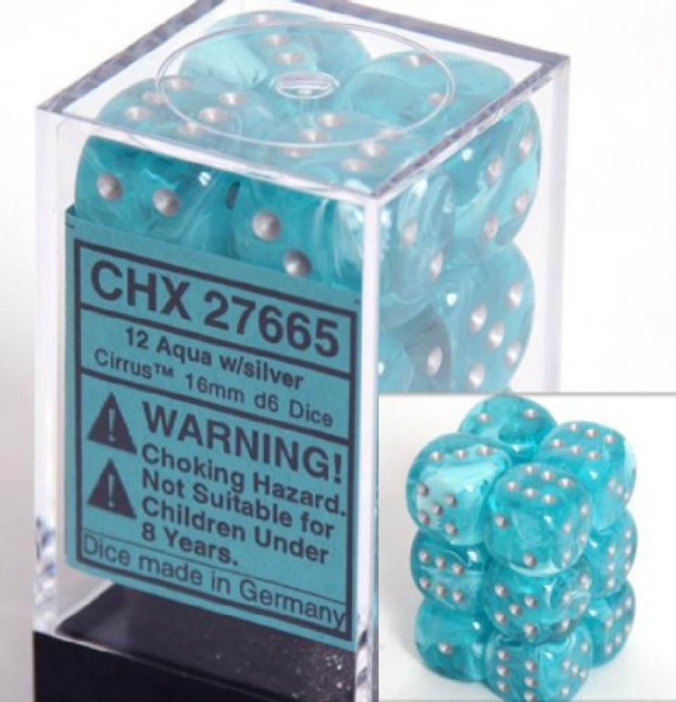 Chessex Juego de dados d6 Cirrus Aqua con plata – Troquel de seis caras de 0.630in (12) bloque de dados