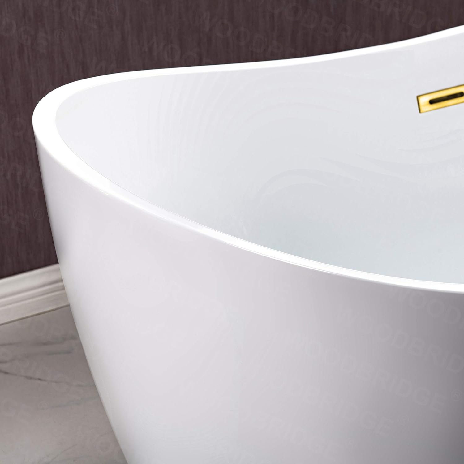 WOODBRIDGE BTA1516-BG-Drain-&O – Bañera de acrílico independiente de 59 pulgadas con desbordamiento y drenaje de oro cepillado, BTA1516-BG-Drain-&O