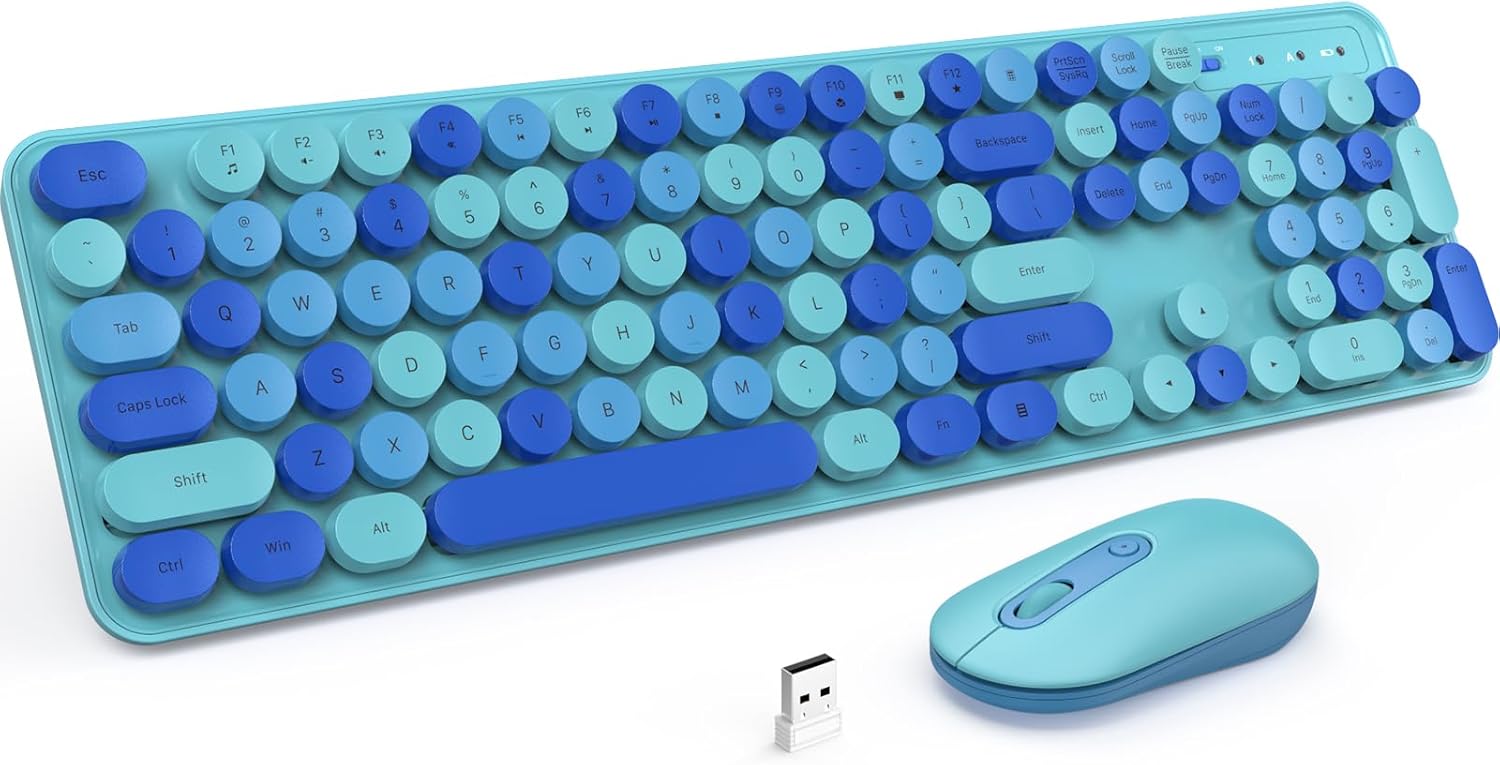 LIZRROT – Teclado y mouse inalámbricos, teclado y mouse combinados, teclado colorido de tamaño completo con teclas redondas, bonito mouse de 2.4 G