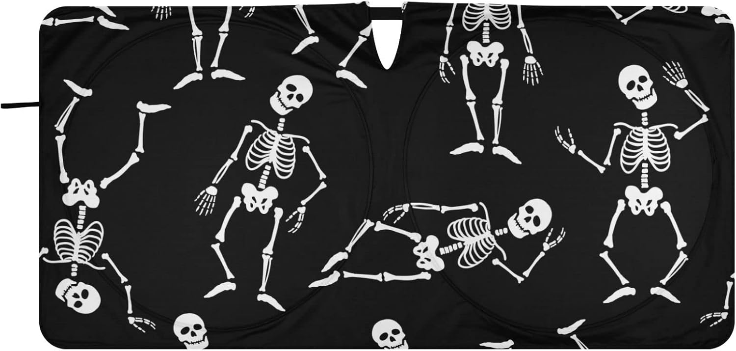 ALAZA Foldable Car Windshield Sun Shade for Car Window – Skull Skeleton on Black Sun Visor Protector, Easy To Use, Fits Windshields of Most