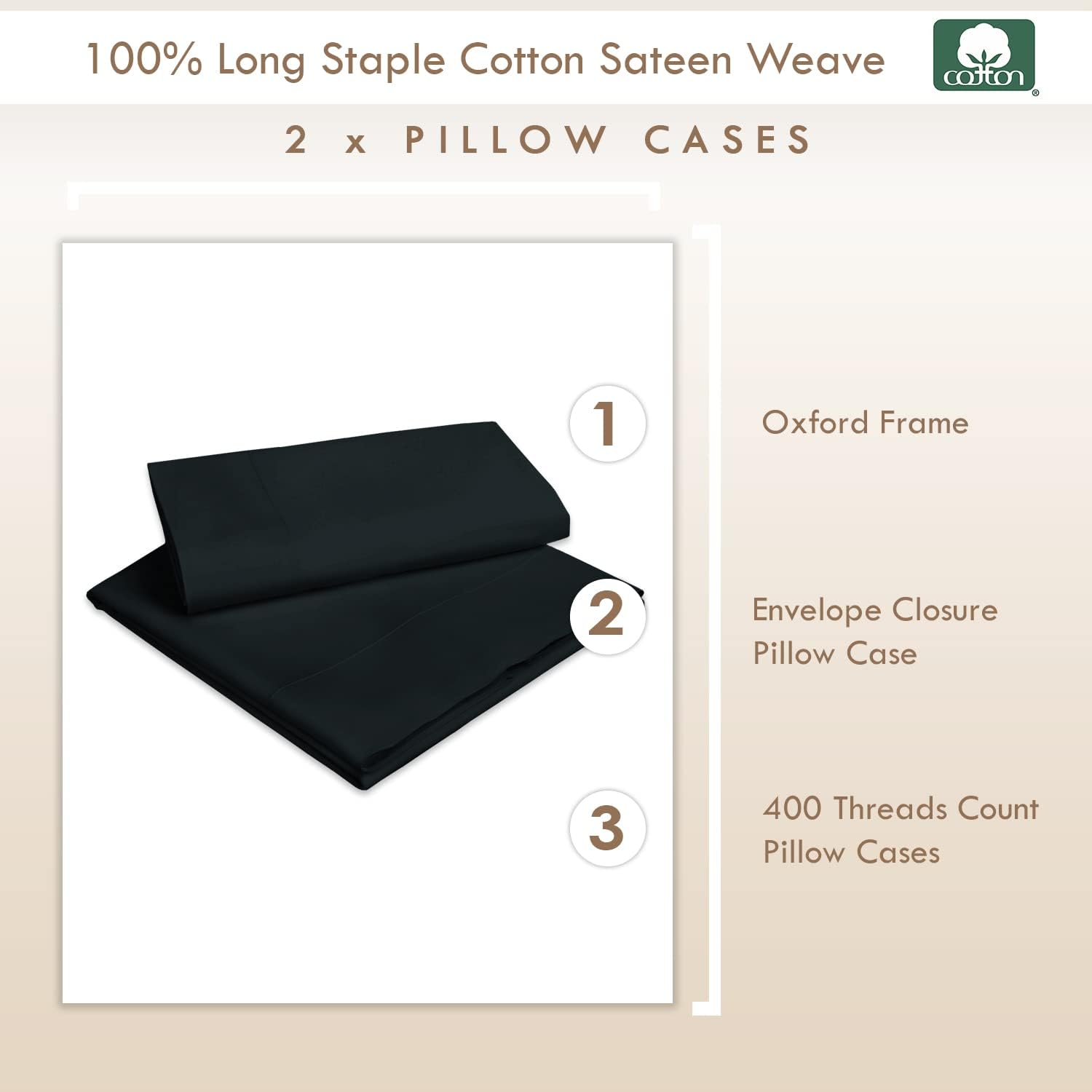 Pizuna Funda de almohada de algodón tamaño Queen, color negro, 400 hilos, 100% algodón peinado de fibra larga, tejido de satén, fundas de almohada