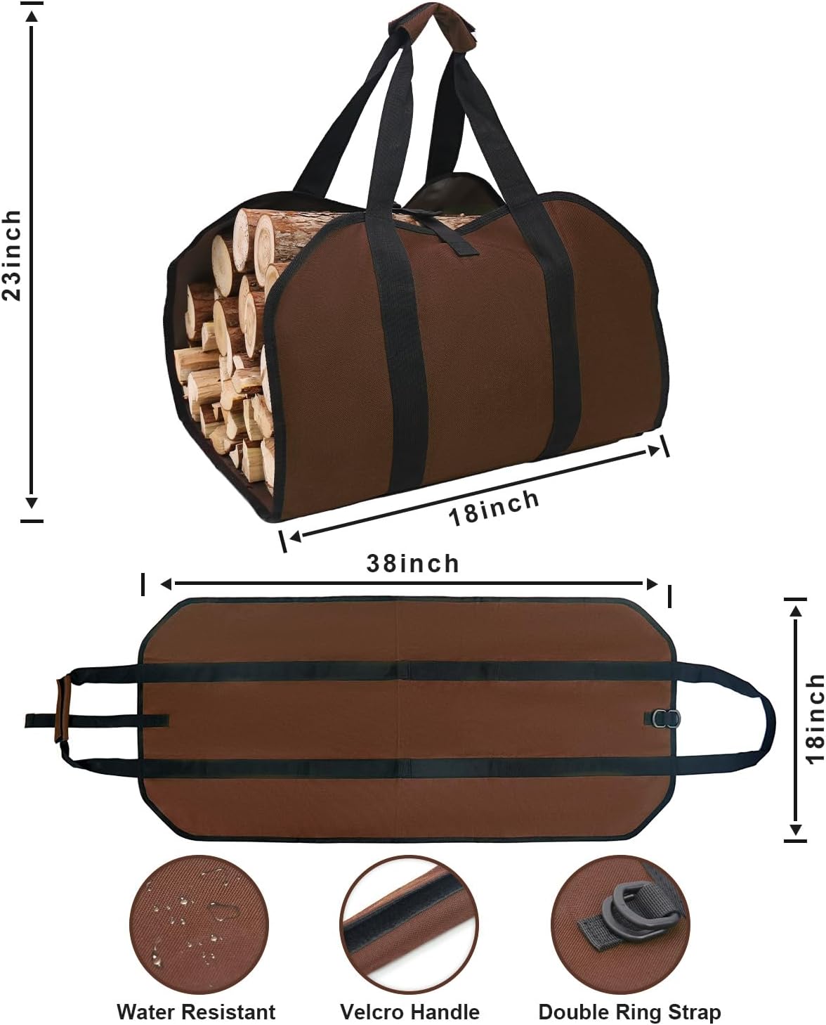 Hongmai Portador de leña con asas, bolsa de lona para leña con asas, soporte para leña para chimenea, bolsa transportadora de leña para interiores,