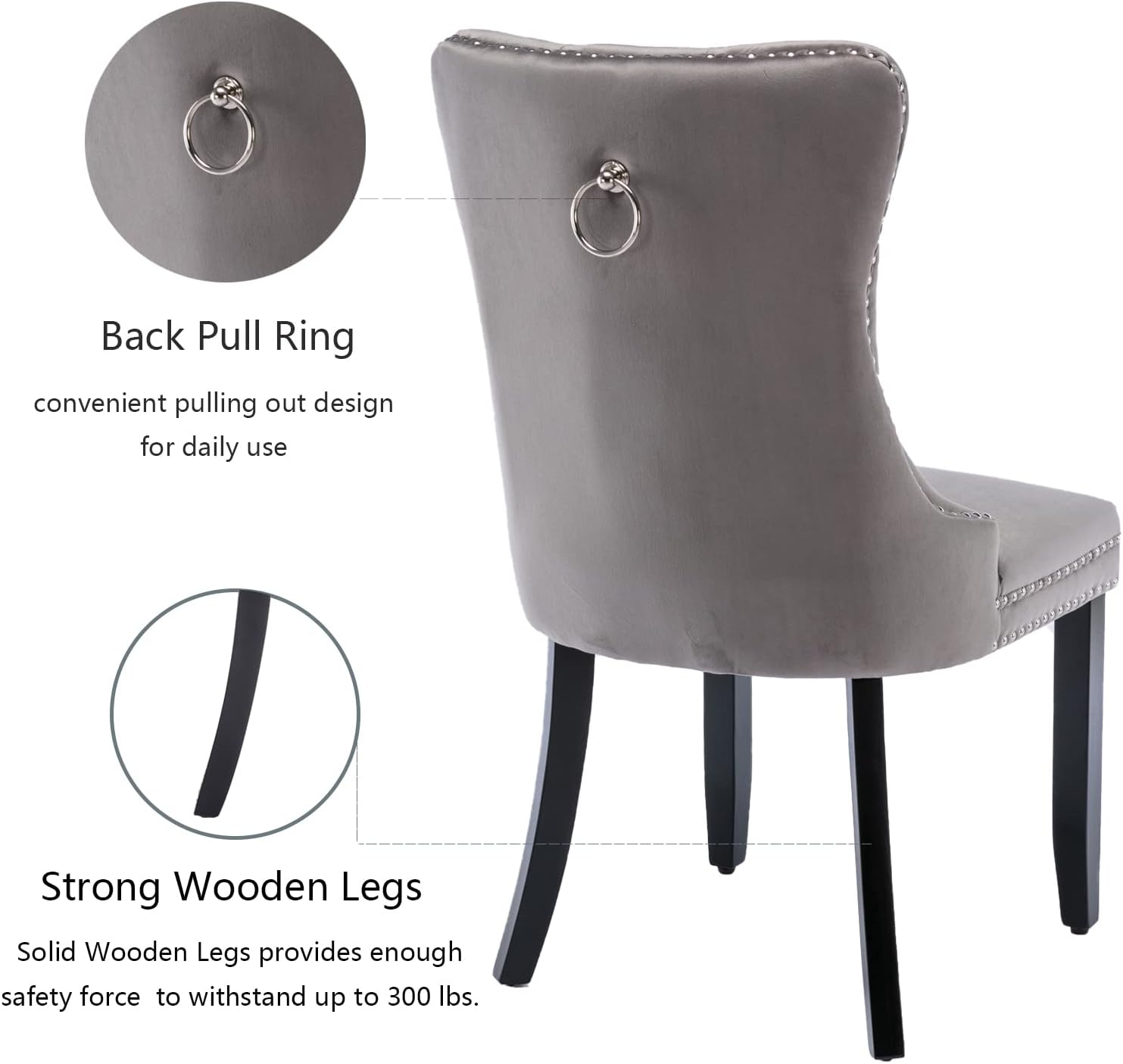 Juego de 4 sillas de comedor de terciopelo gris, sillas de comedor tapizadas con anillo trasero y patas de madera maciza, sillas de cocina con