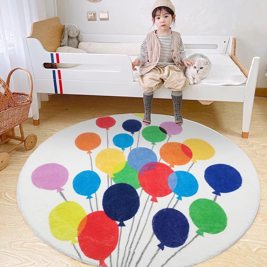 Poowe Alfombra de juego para niños con globos coloridos, alfombra redonda para guardería, alfabeto, suave, antideslizante, para el dormitorio de los