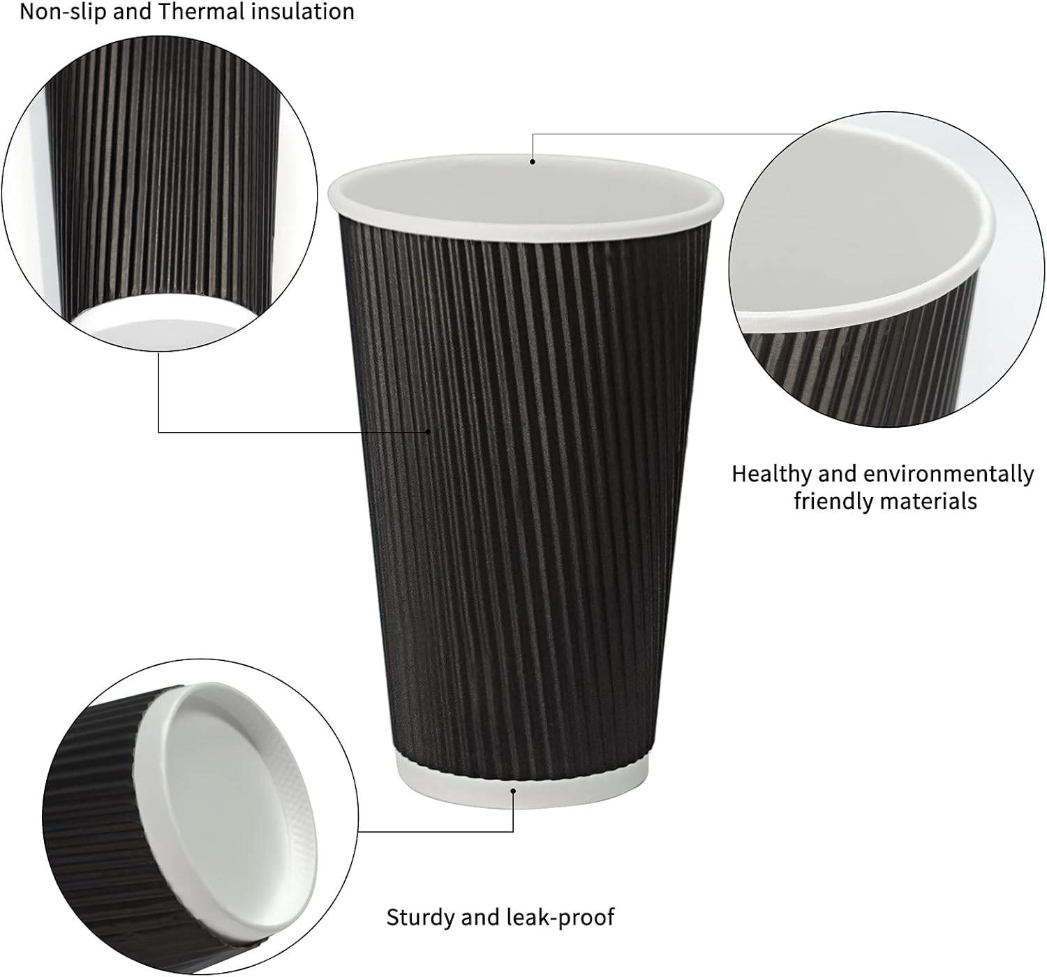 Tazas de café de papel desechables de 16 onzas con tapas, 100 unidades, tazas desechables aisladas con funda de doble pared, perfectas para bebidas