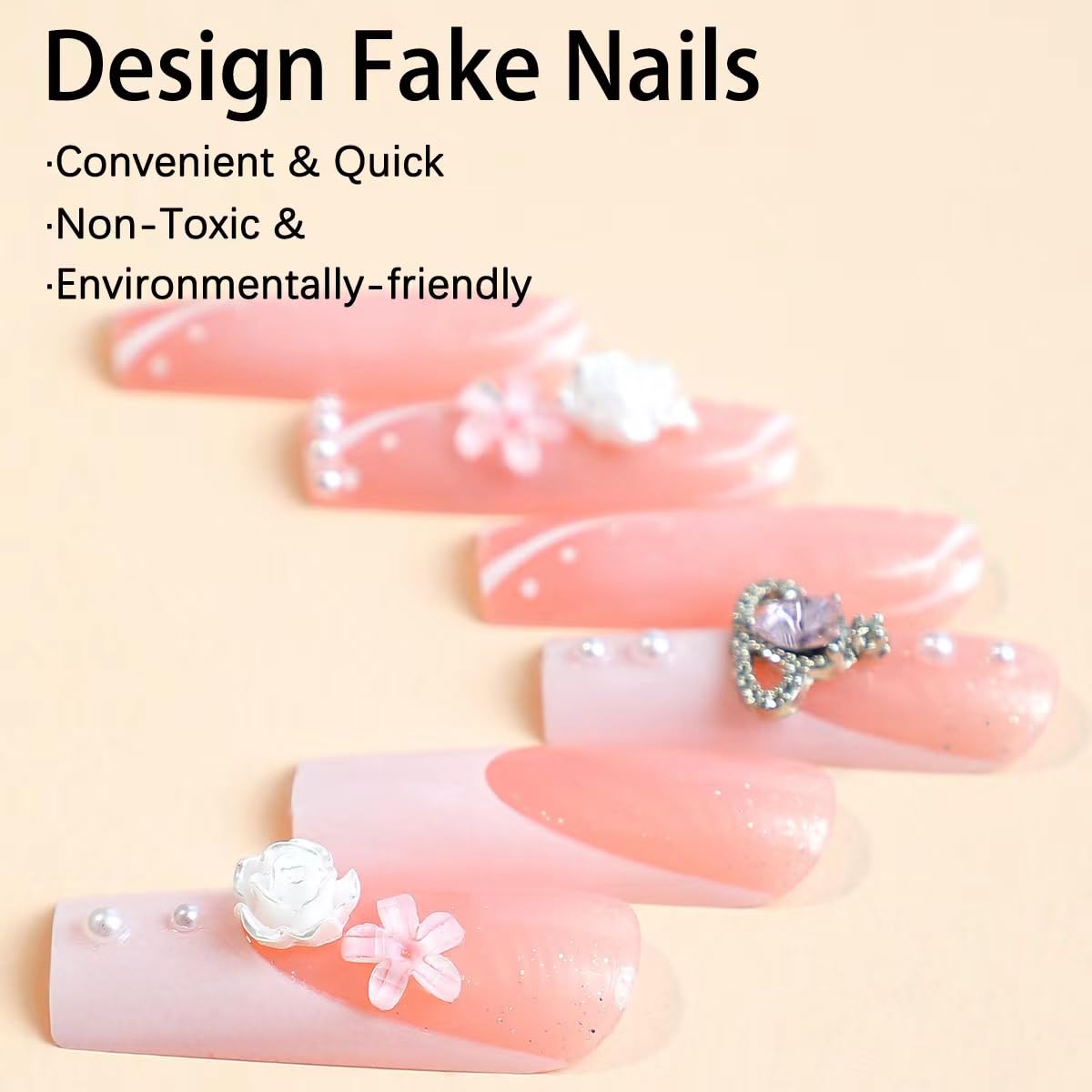 Magrace Uñas postizas largas cuadradas a presión, uñas postizas negras con diseños de diamantes de imitación, 24 piezas de uñas adhesivas para mujer