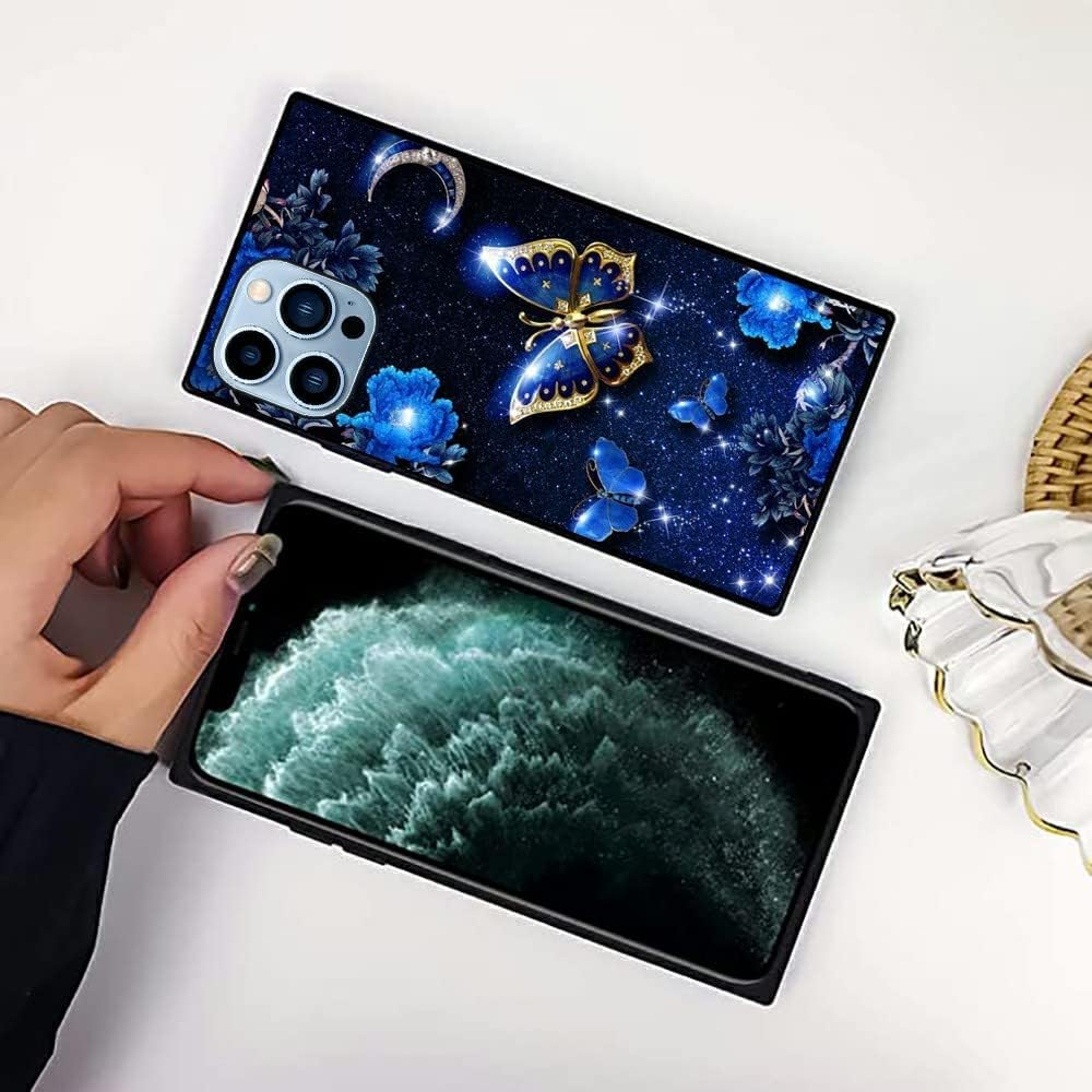 Funda cuadrada compatible con iPhone 13 Pro Max, elegante funda de mariposa azul para iPhone 13 Pro Max para niñas y mujeres, patrón de moda con