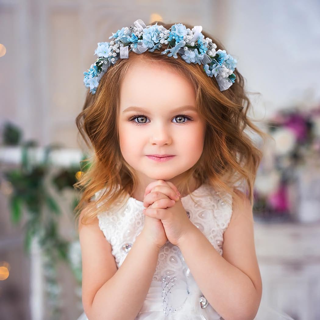Campsis Diadema de flores para niñas, accesorios para el cabello de comunión de perlas para niñas, de cristal, fotografía de cumpleaños, banda para