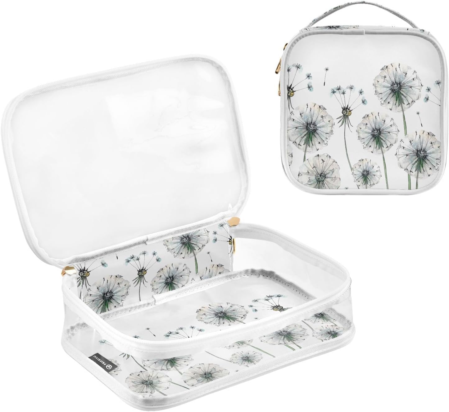 ZOEO Estuche de viaje transparente, paquete de 2 bolsas de maquillaje, dientes de león, flores, neceser, cosméticos, portátil, organizador portátil