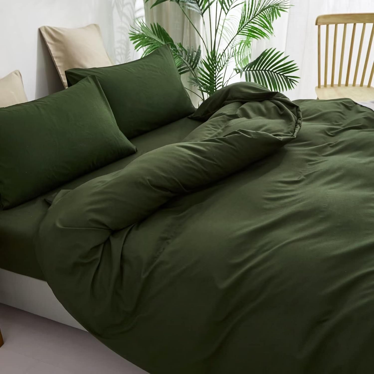 Houseri Juego de edredón, color verde militar (tamaño matrimonial), ropa de cama de 3 piezas con 1 edredón y 2 fundas de almohada, estilo moderno de