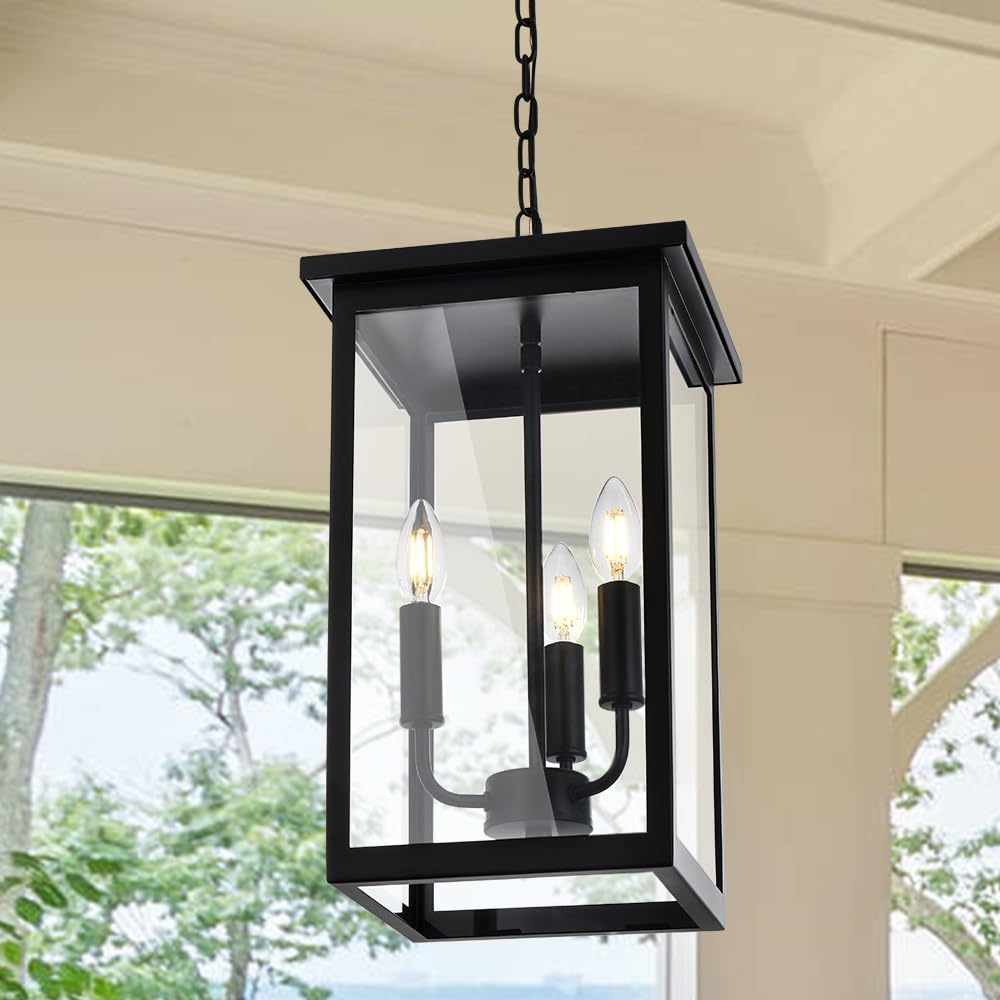 QueeuQ Lámpara colgante de 3 luces para interiores, lámpara negra para exteriores, lámpara colgante exterior con pantalla de vidrio transparente,