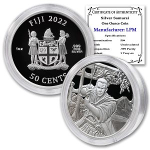 2022 1 oz Fijian Silver Ancient Warriors – Samurai Coin (in Capsule) Brilliant Uncirculated with Certificate of Authenticity 50c BU 2022 1 oz Fijian Silver Ancient Warriors – Samurai Coin (in Capsule) Brilliant Uncirculated with Certificate of Authenticity 50c BU