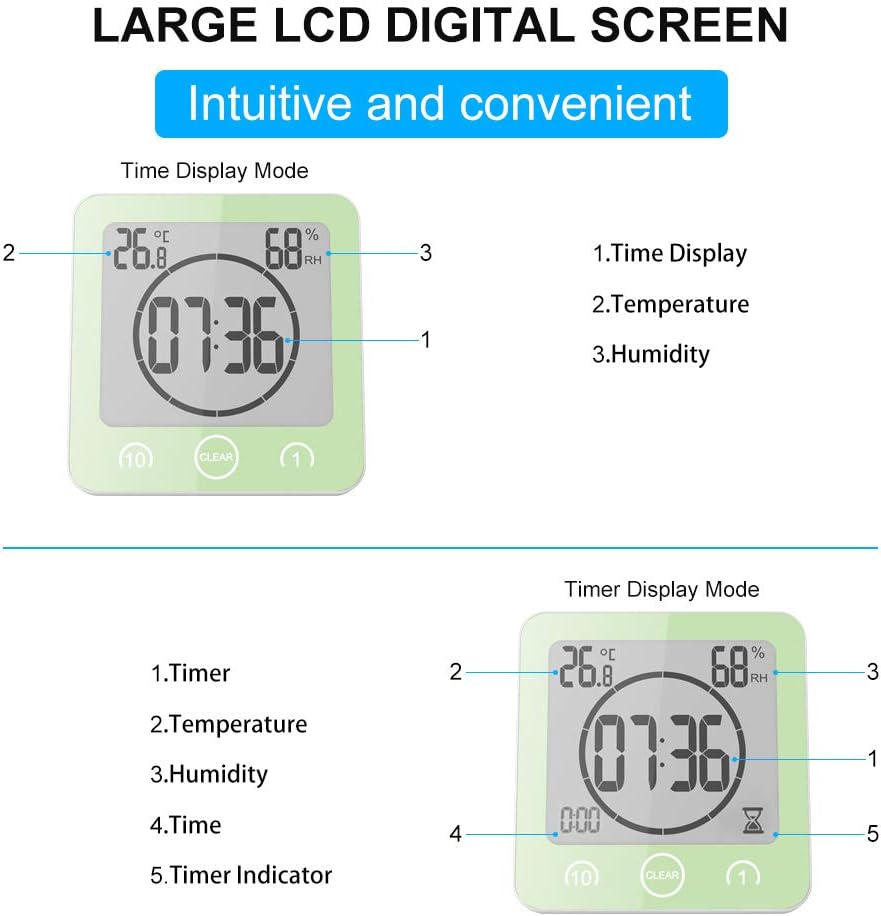 AOZBZ Shower Wall Clock, Digital Kitchen Timer with Alarm, Waterproof Touch Screen Timer, Temperature Humidity Display with Suction Cup Hanging Hole