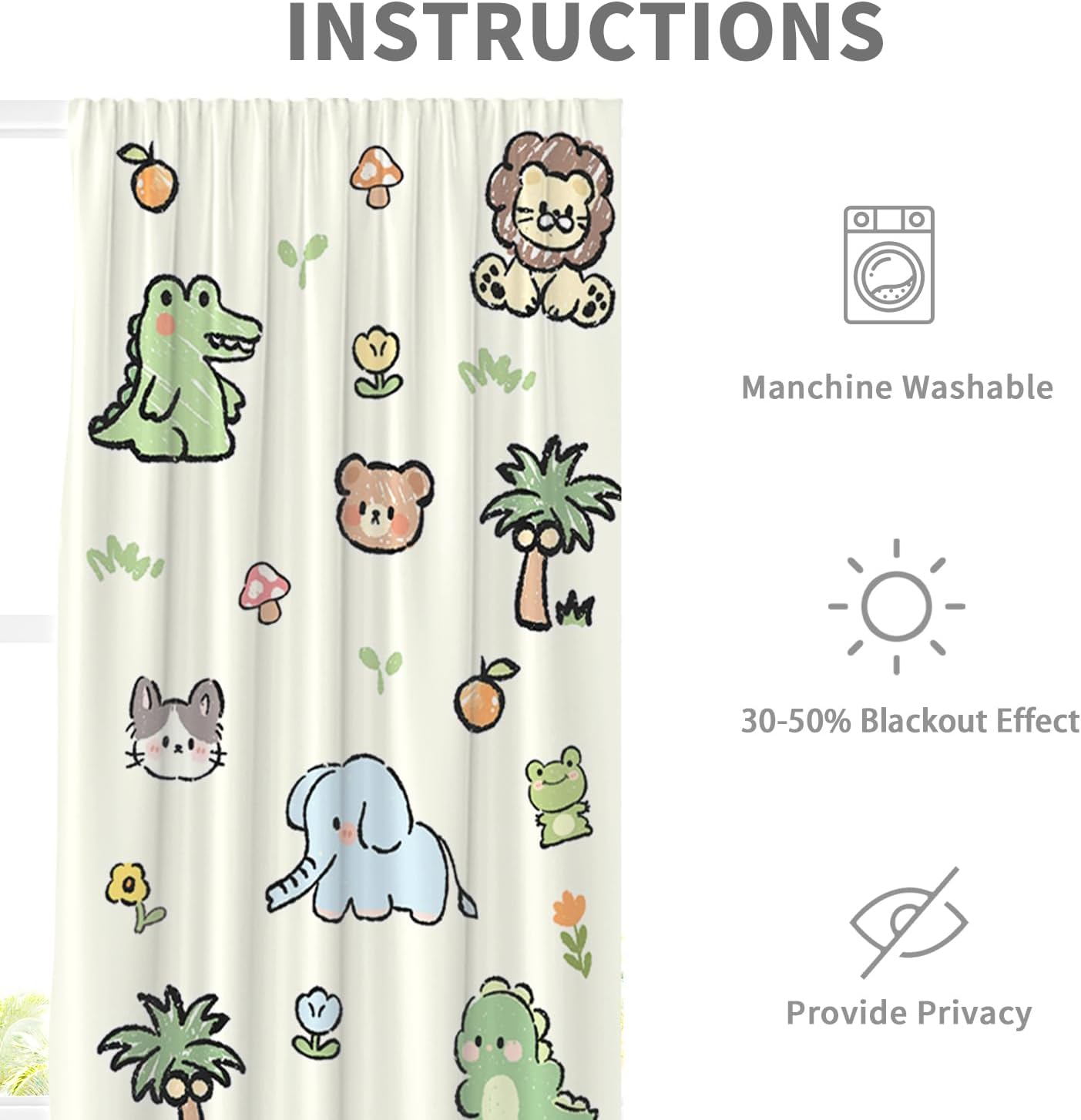 EGLGCC Cortinas infantiles para cuarto de bebé, diseño de dibujos animados divertidos de animales, bosque, león, dinosaurio, niños, 42 pulgadas de