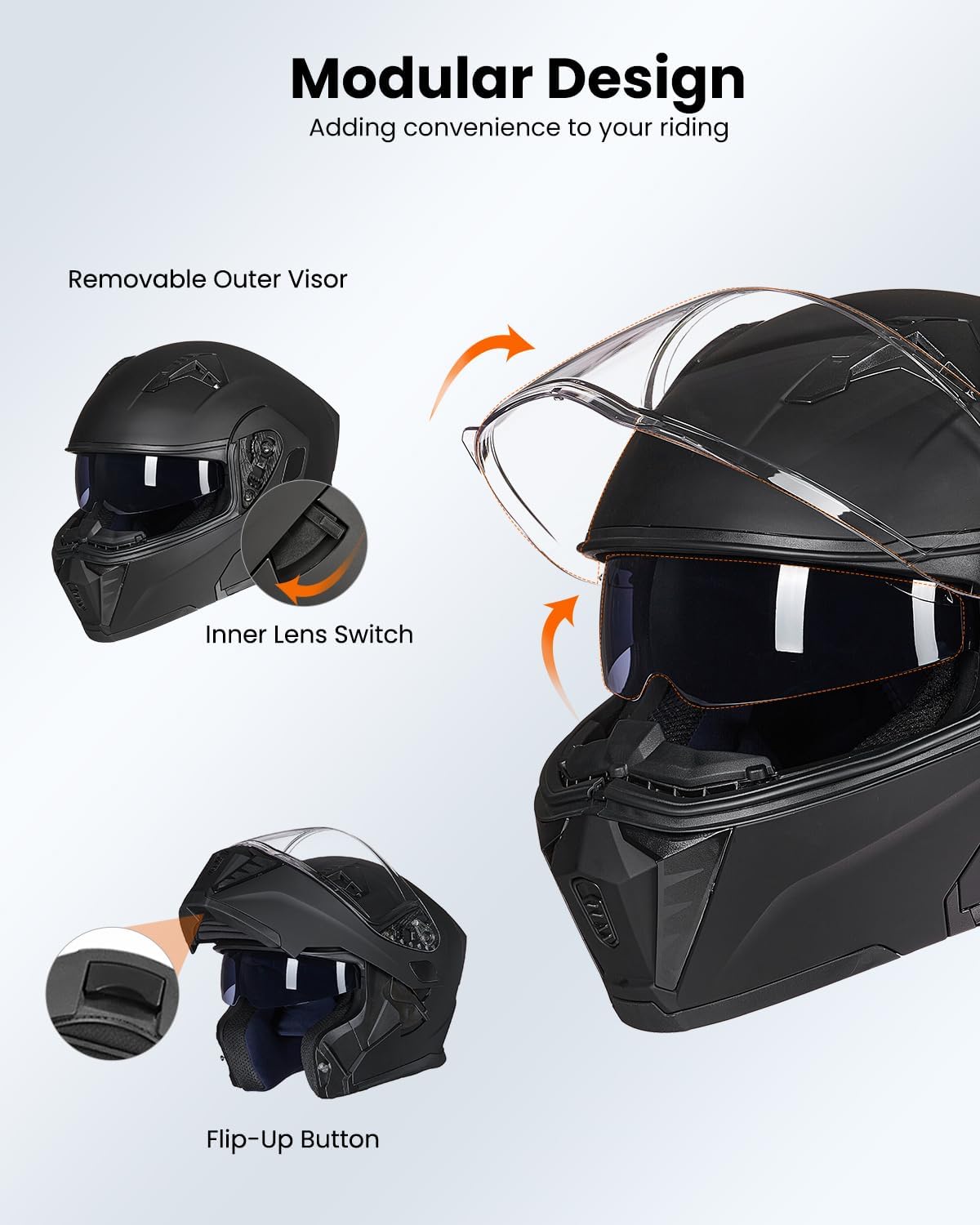 ILM Casco modular de cara completa para motocicleta, para adultos, doble visera, luz trasera LED, opcional DOT