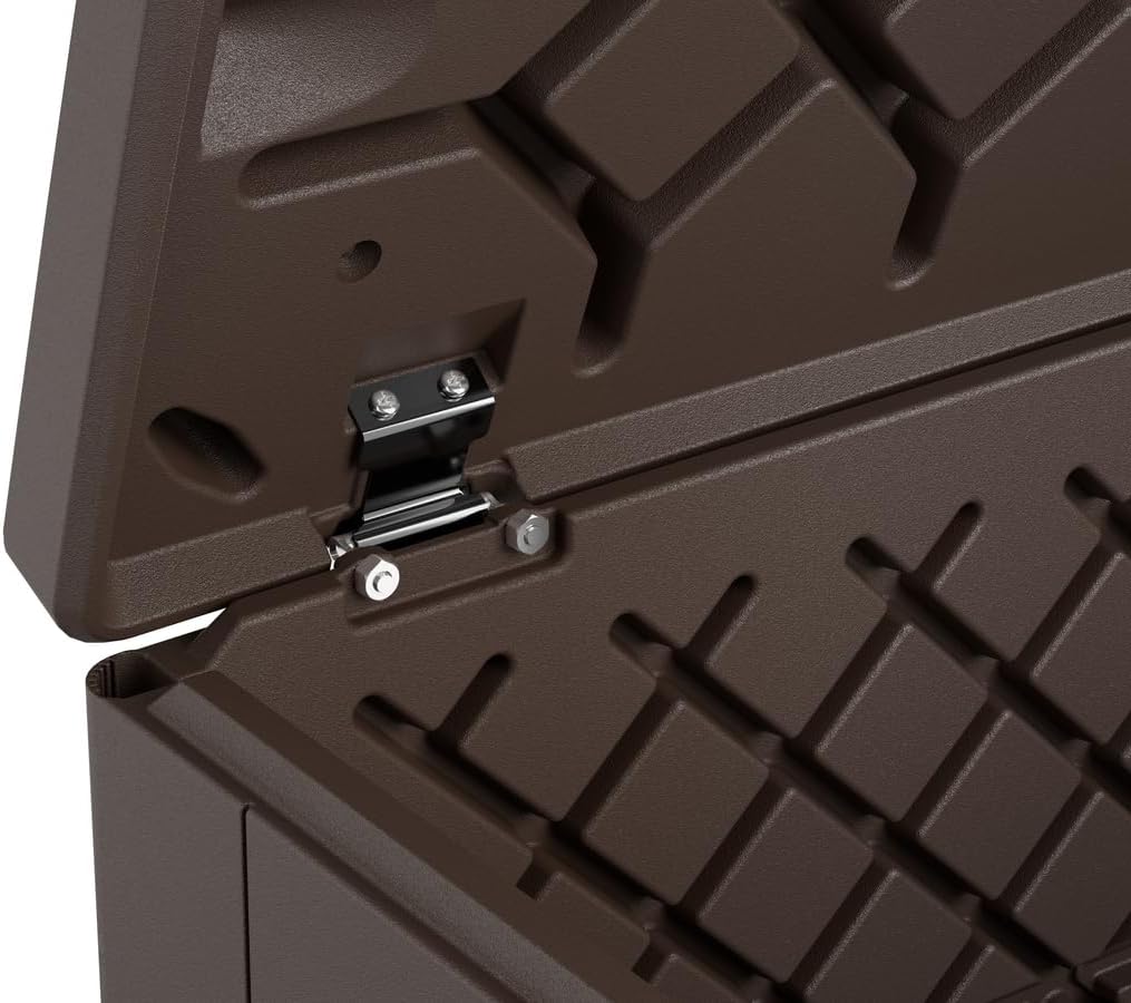 Rubbermaid Caja de almacenamiento de resina extragrande para exteriores (134 galones), resistente a la intemperie, marrón, organización de cubierta