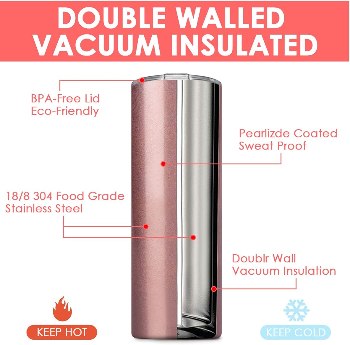 Paquete de 6 vasos delgados de acero inoxidable, vaso de agua de doble aislamiento de 20 onzas con 6 popotes y 3 cepillos, taza de viaje al vacío,