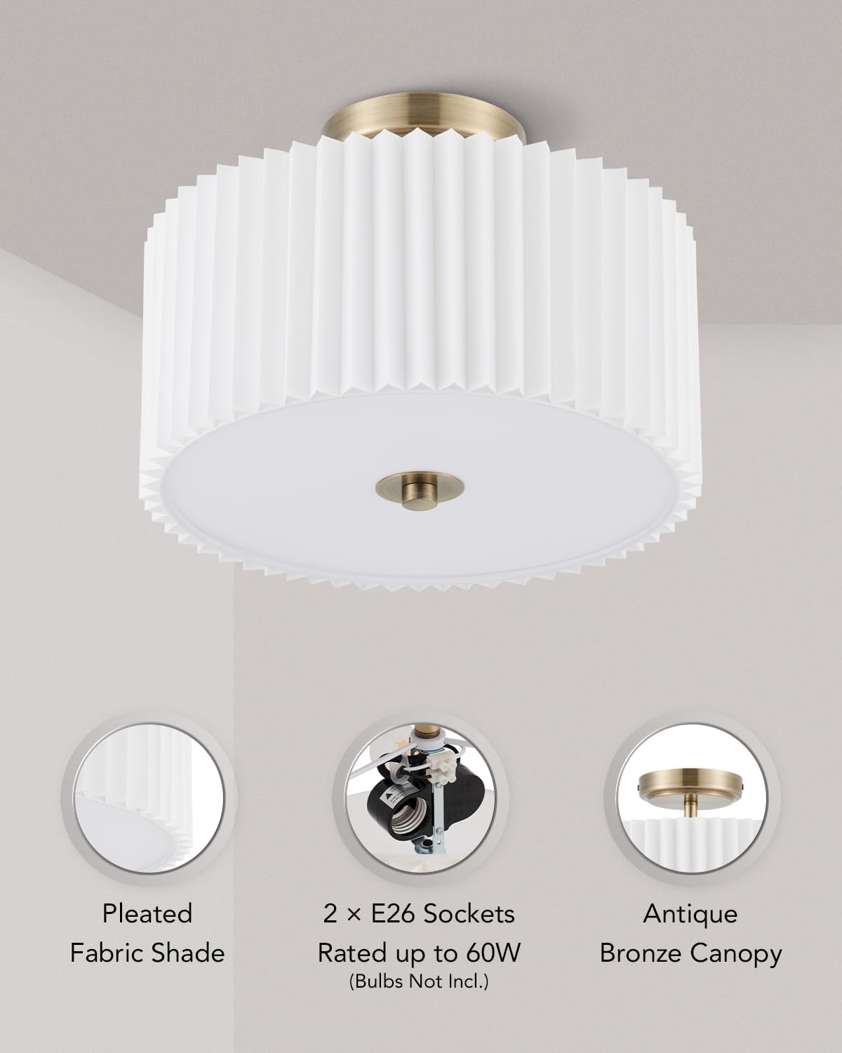 VONLUCE Lámpara de techo semiempotrada, lámpara de techo de tambor de 13 pulgadas con 2 luces, moderna lámpara de techo para dormitorio, sala de