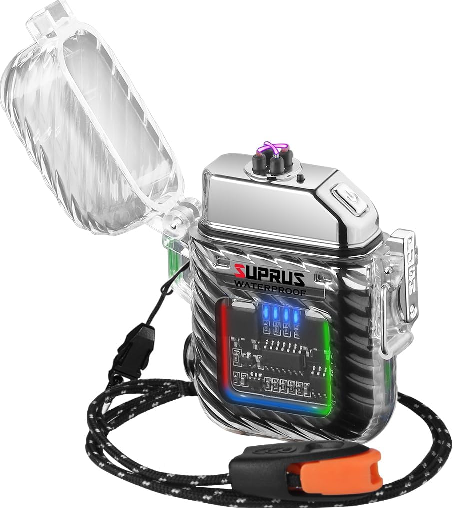 SUPRUS Encendedor luminoso con 3 modos de linterna, resistente al viento, impermeable, encendedor eléctrico recargable, encendedor de plasma de