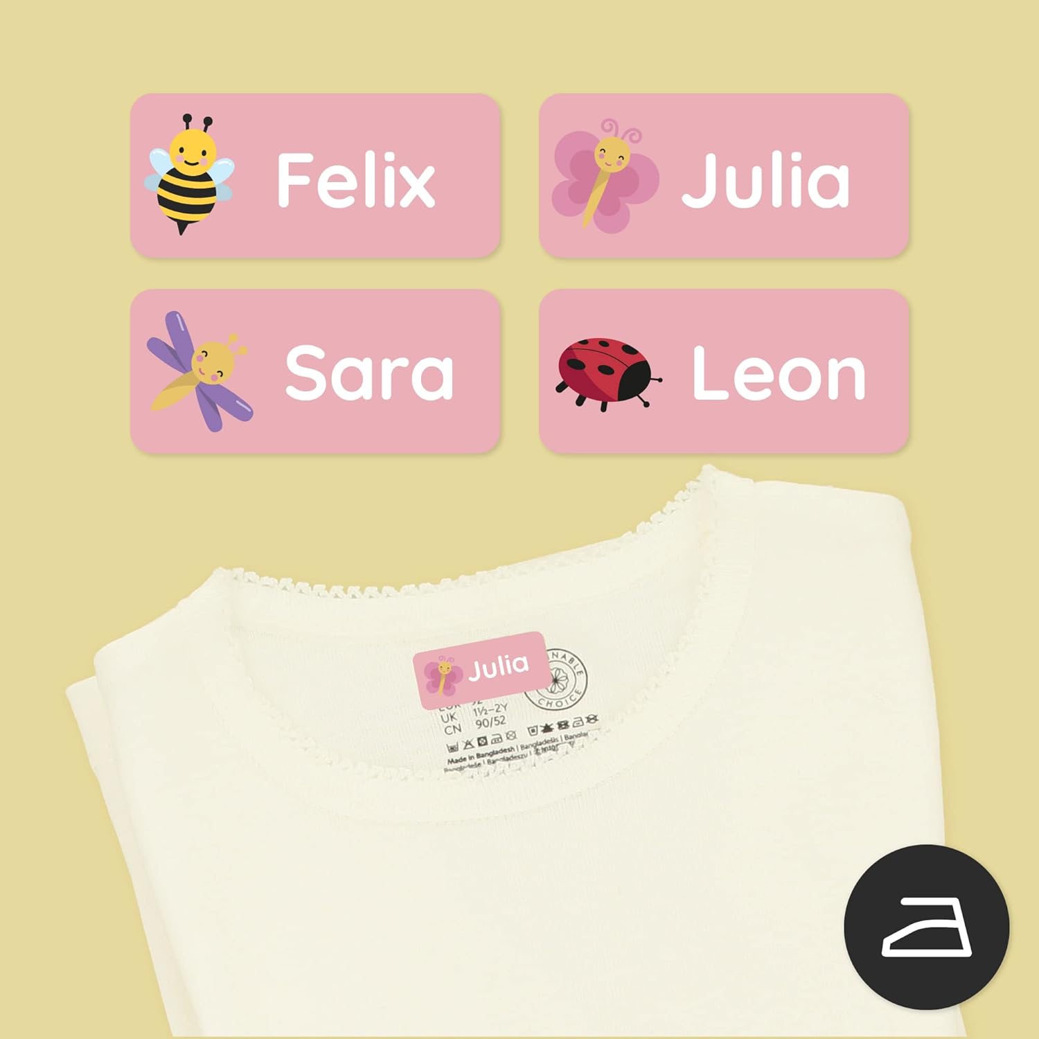 Etiquetas termoadhesivas con nombre para ropa (120 unidades, 1.2 x 0.5 pulgadas) – Etiquetas personalizables para ropa, seguras para la ropa sucia y