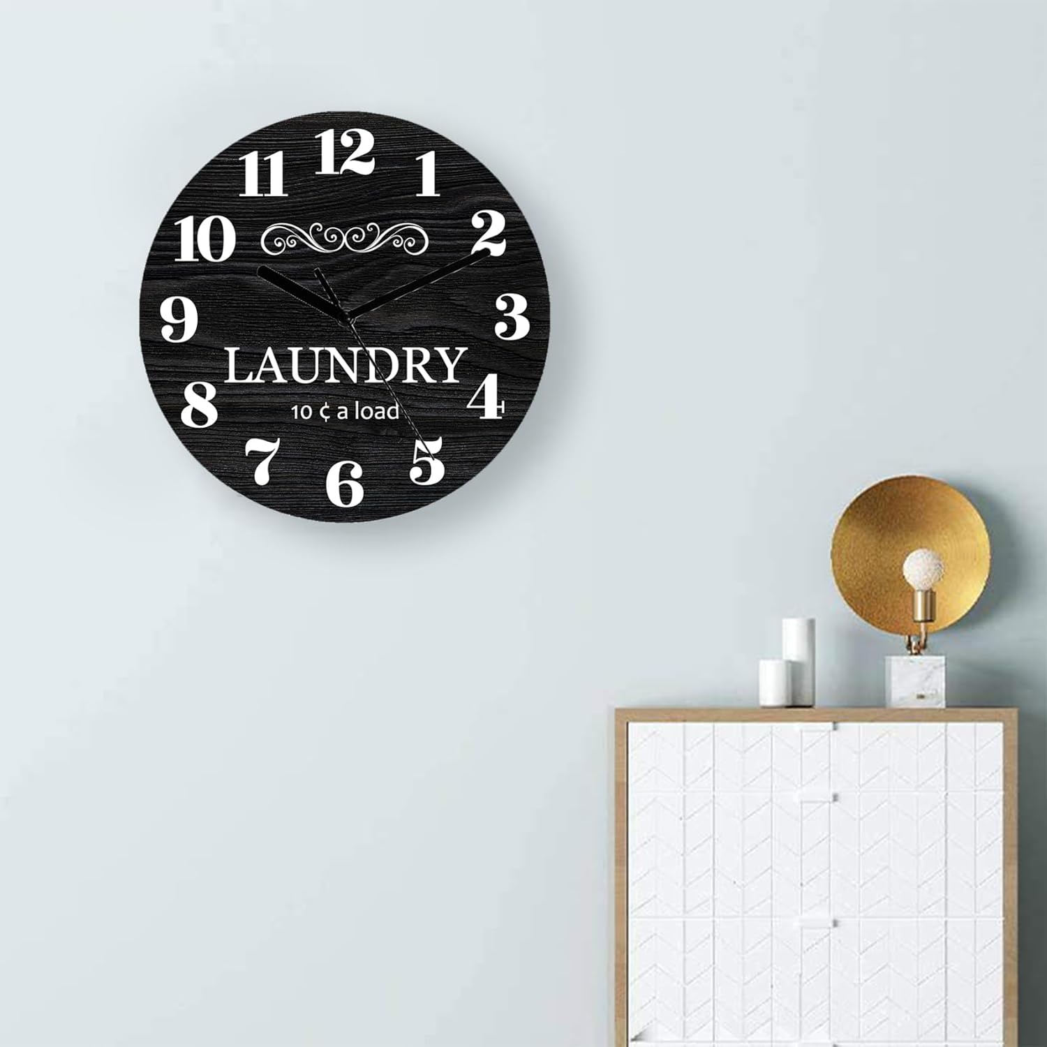 Reloj de pared redondo personalizado para lavandería, color negro, fácil de leer, analógico, rústico, funciona con pilas, silencioso, sin tictac,