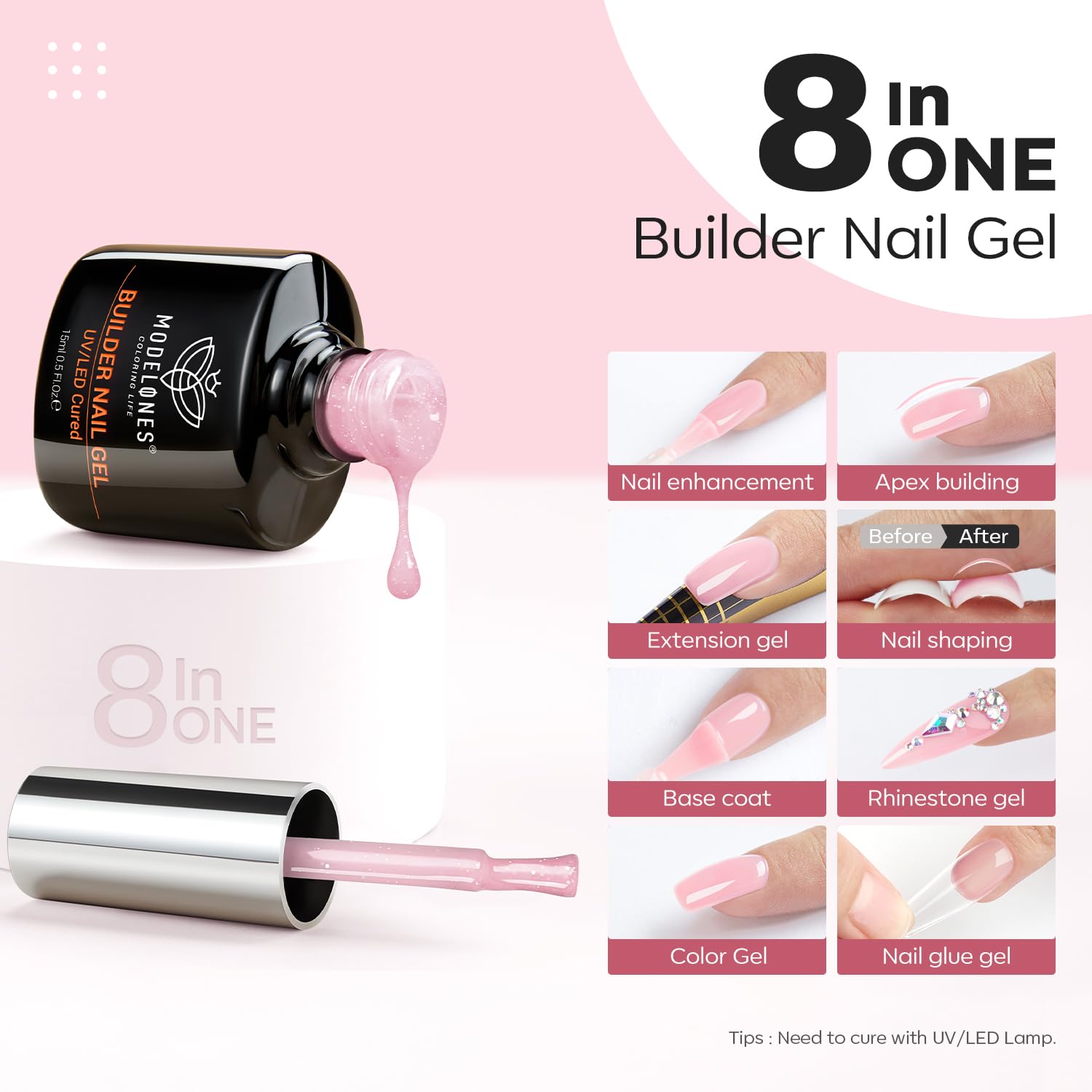modelones Builder Gel de uñas, 8 en uno, esmalte de uñas de gel constructor con purpurina rosa nude, esmalte de gel con base de goma iridiscente