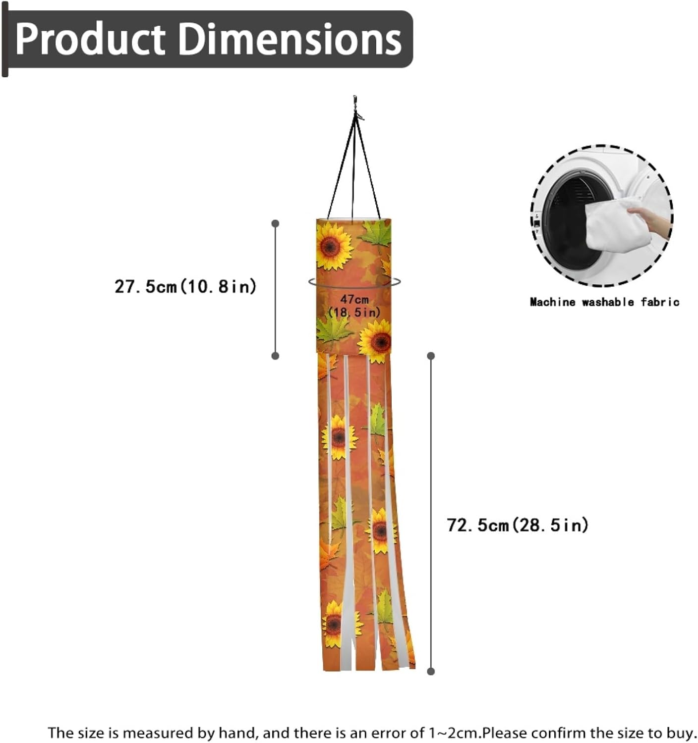 TINYAT 2 calcetines de viento con estampado de hojas de girasol otoñales para colgar al aire libre, calcetines de viento de 40 pulgadas con colas,