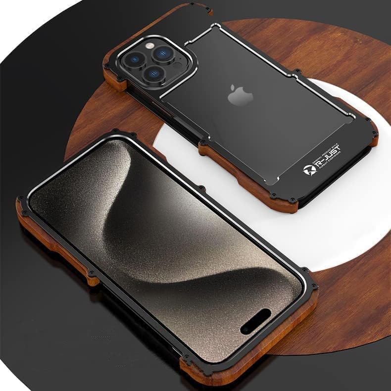 Kowauri Funda para iPhone 15 Pro Max, protección contra caídas, aleación de aluminio de metal y madera, funda protectora a prueba de golpes y caídas