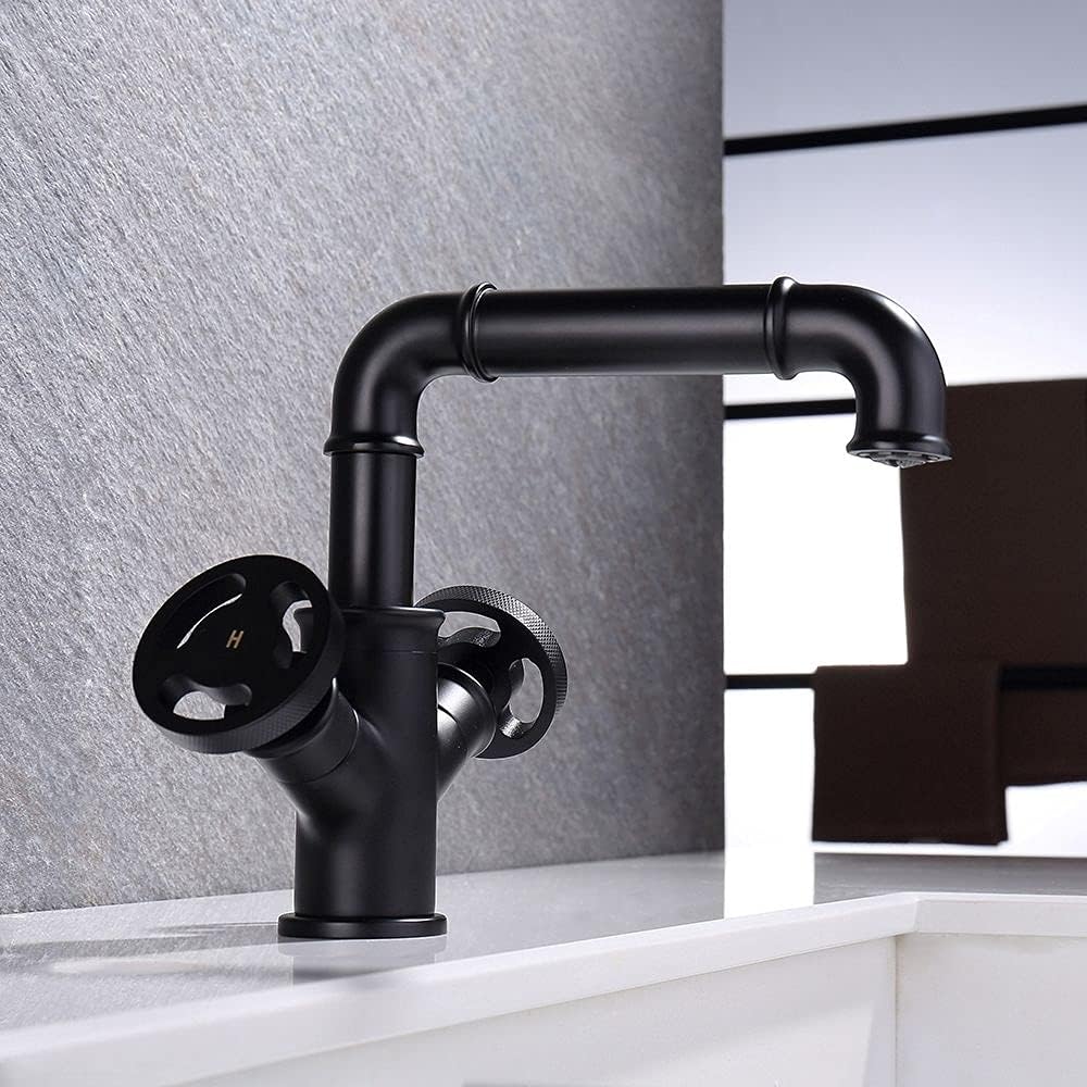 KunMai Tubo industrial solo agujero dos manijas grifo lavabo doble manijas latón macizo en negro mate