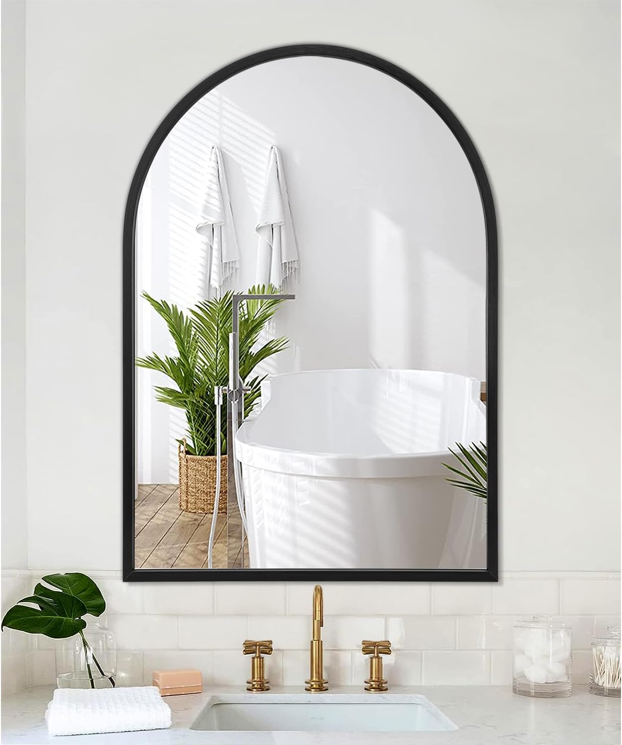Espejo de pared de arco de 28 x 20 pulgadas, espejo grande de baño negro con marco de metal para pared, decoración de tocador, dormitorio, entrada,